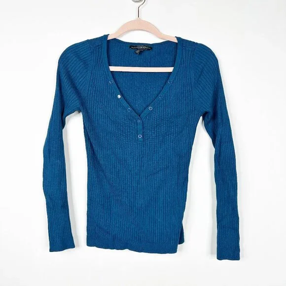 2/$30 White House Black Market Ribbed Snap Front Henley Top Ocean Blue XS #A0687 - Picture 4 of 10